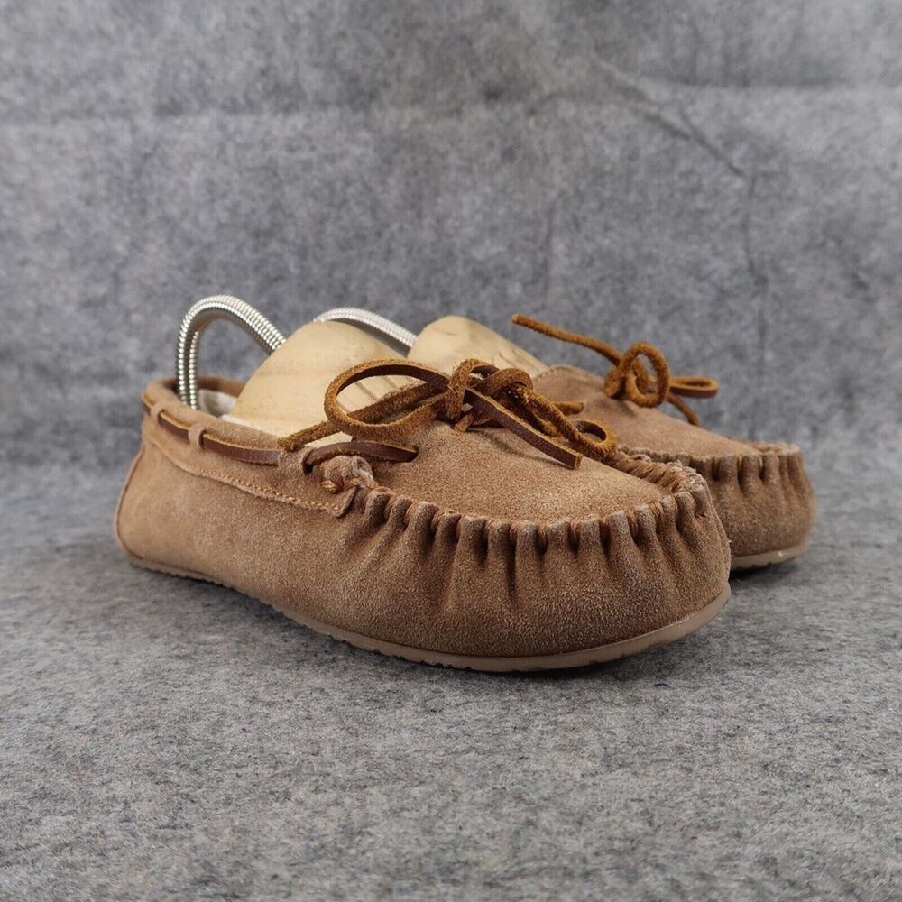 Minnetonka Shoes Womens 7 Slipper Moccasin Loafer Leather Faux Fur Comfort Brown